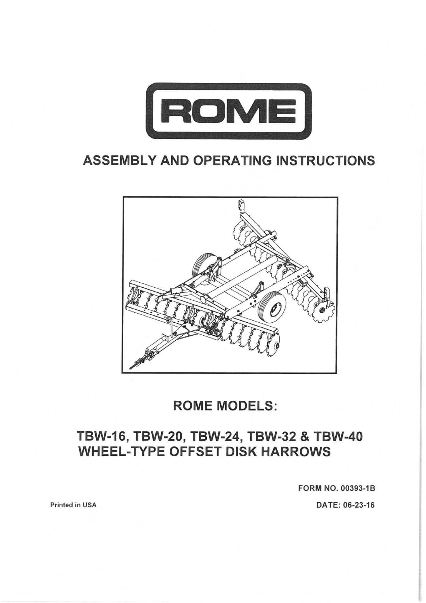 Rome Wheel Type Offset Disc Harrow TBW16 TBW20 TBW24 TBW32 TBW40 Operators Manual