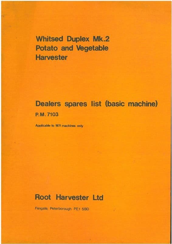 Root Harvesters Ltd Whitsed Duplex Mk.2 Potato & Vegetable Harvester Parts Manual
