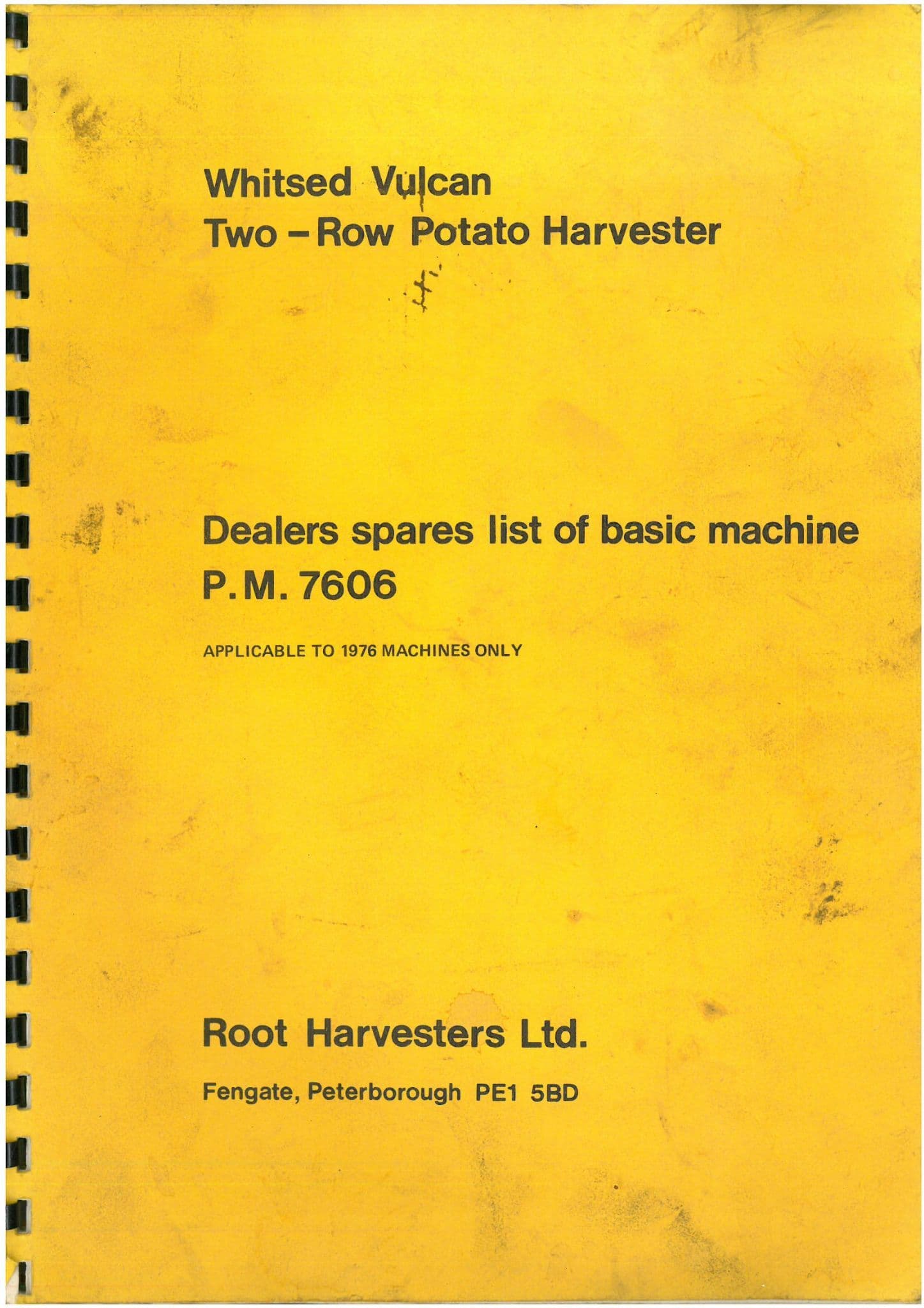 Root Harvesters Ltd Whitsed Vulcan Two Row Potato Parts Manual