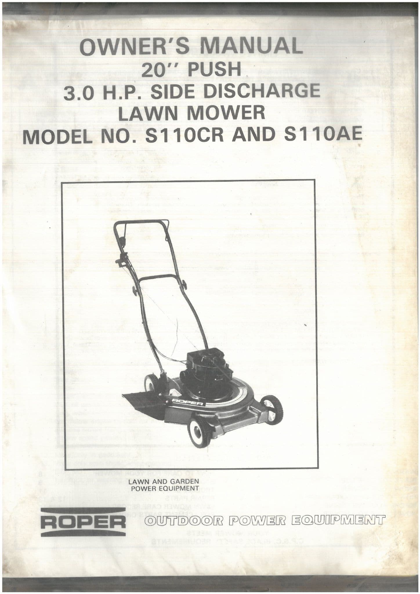 Roper Lawn Mower Model No. S110CR S110AE 20"  3HP Side Discharge Operators Manual & Parts List