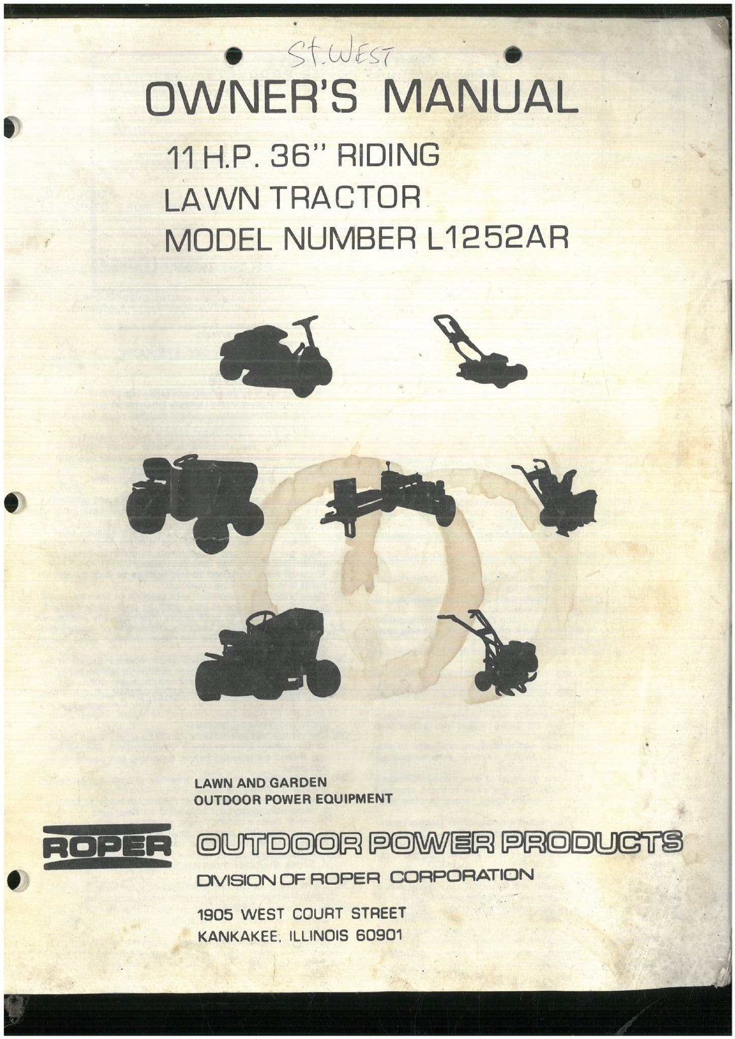 Roper Lawn Tractor Mower Model No. l1252AR 36"  11HP Operators Manual and Spart Parts List
