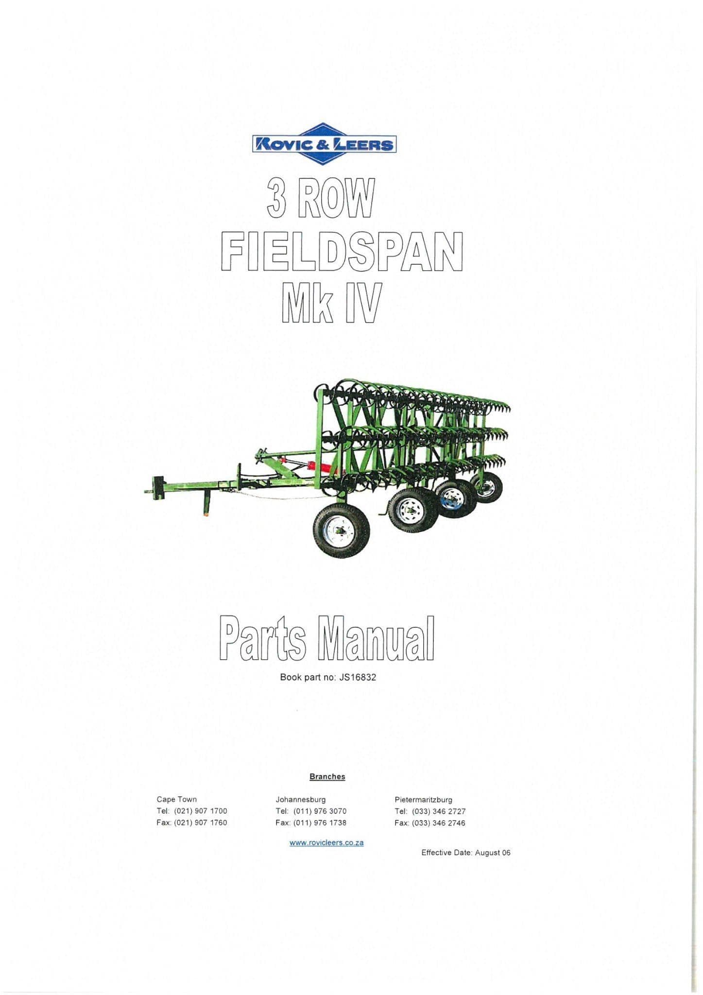 Rovic Rovic & Leers Harrow Cultivator 3 Row Fieldspan MkIV Parts Manual