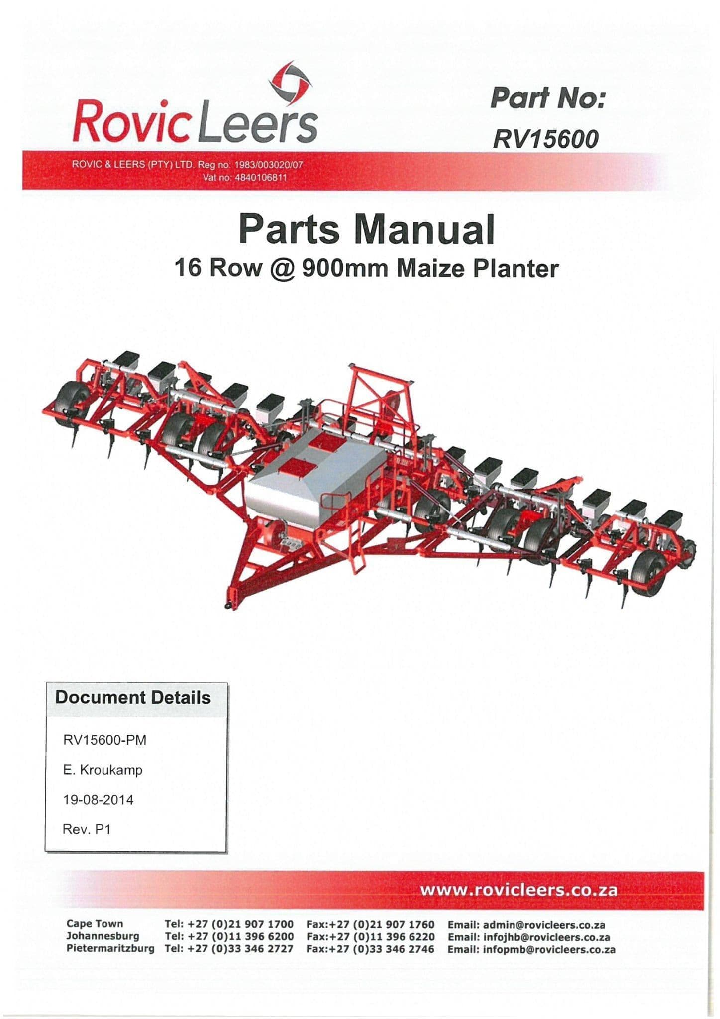 Rovic Rovic Leers Seed Drill 16 Row 900mm Maize Planter Parts Manual