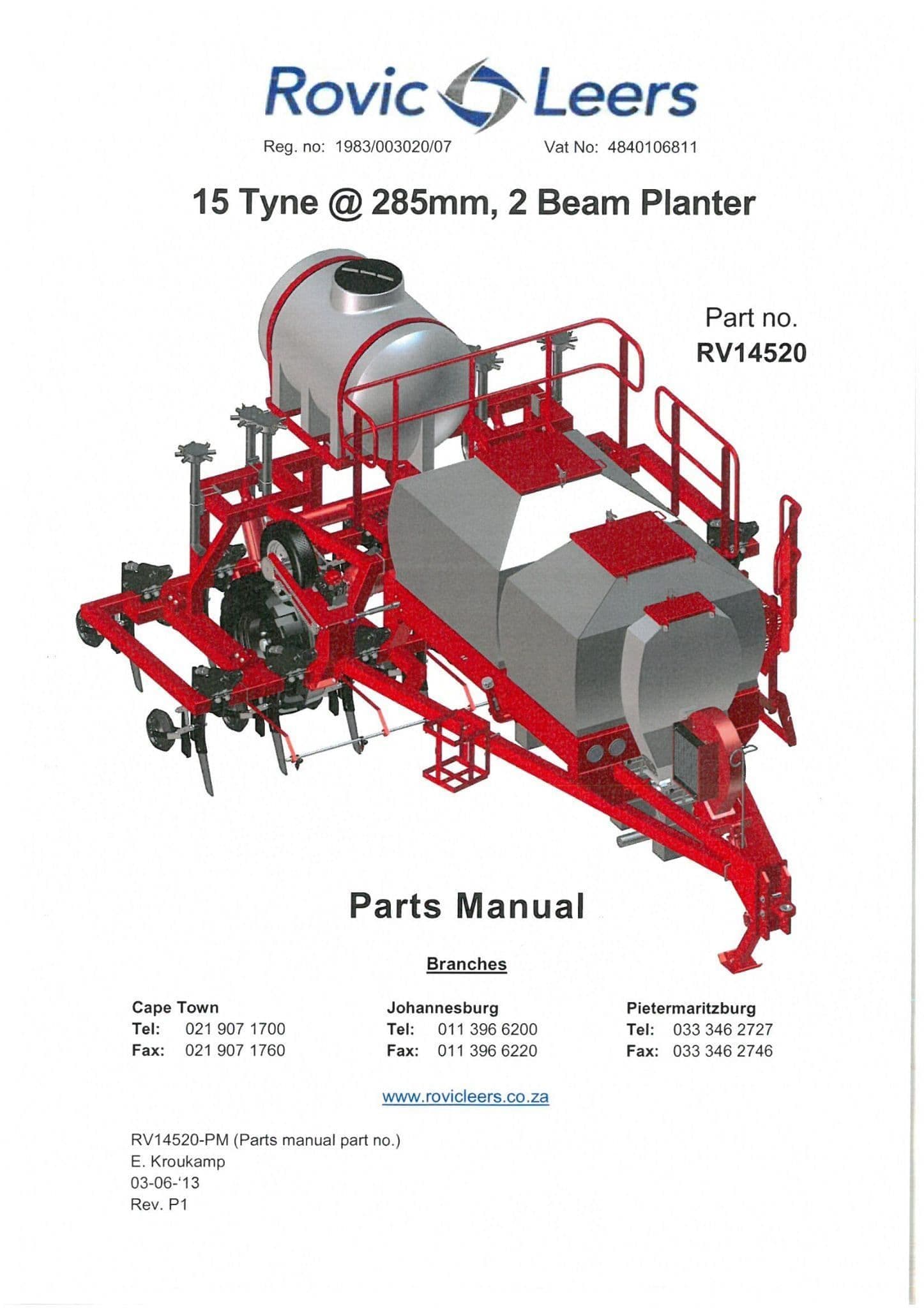 Rovic Leers Seed Drill 2 Beam Planter 15 Tyne 285mm Parts Manual