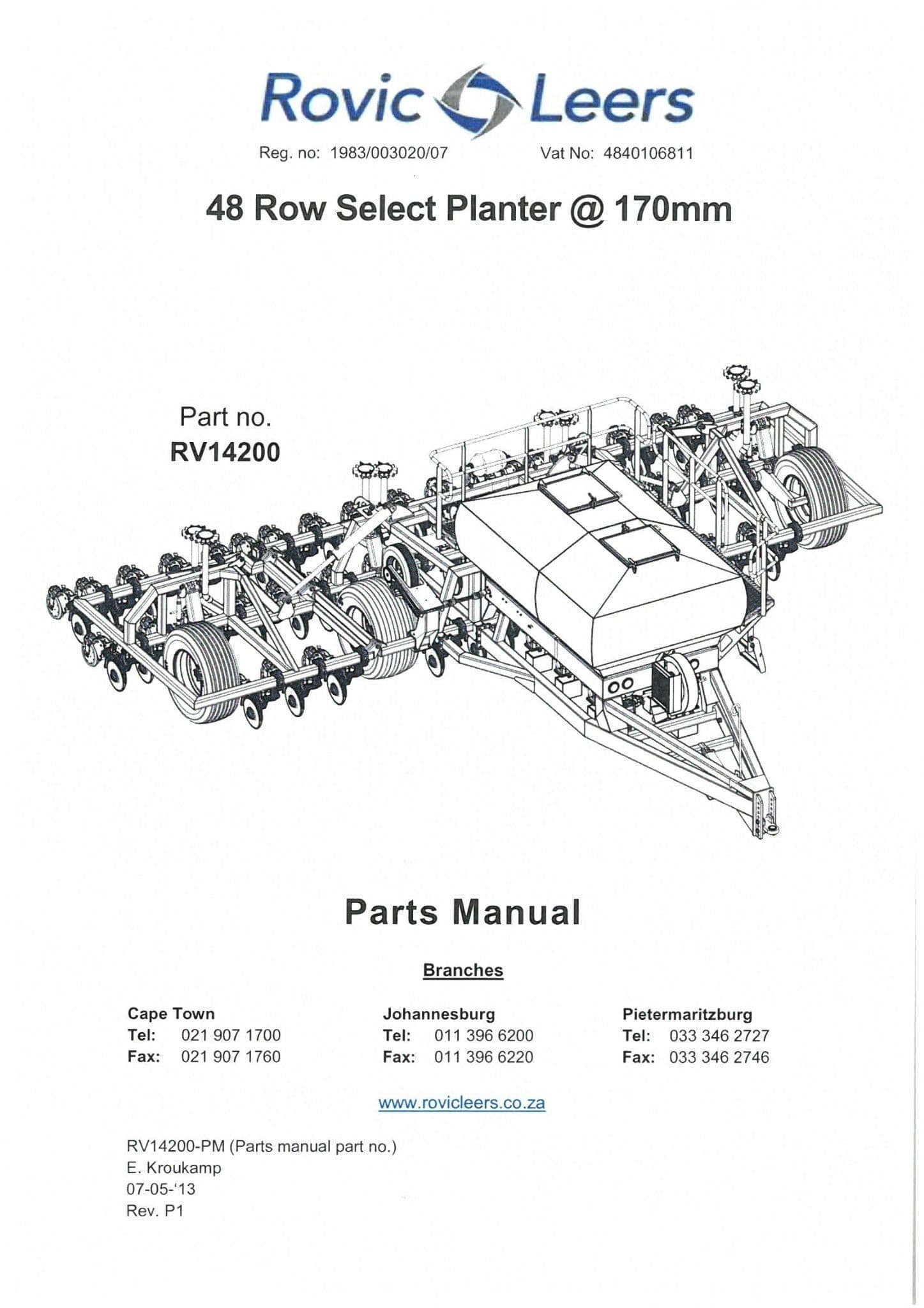 Rovic Rovic Leers Seed Drill 48 Row Select Planter Parts Manual
