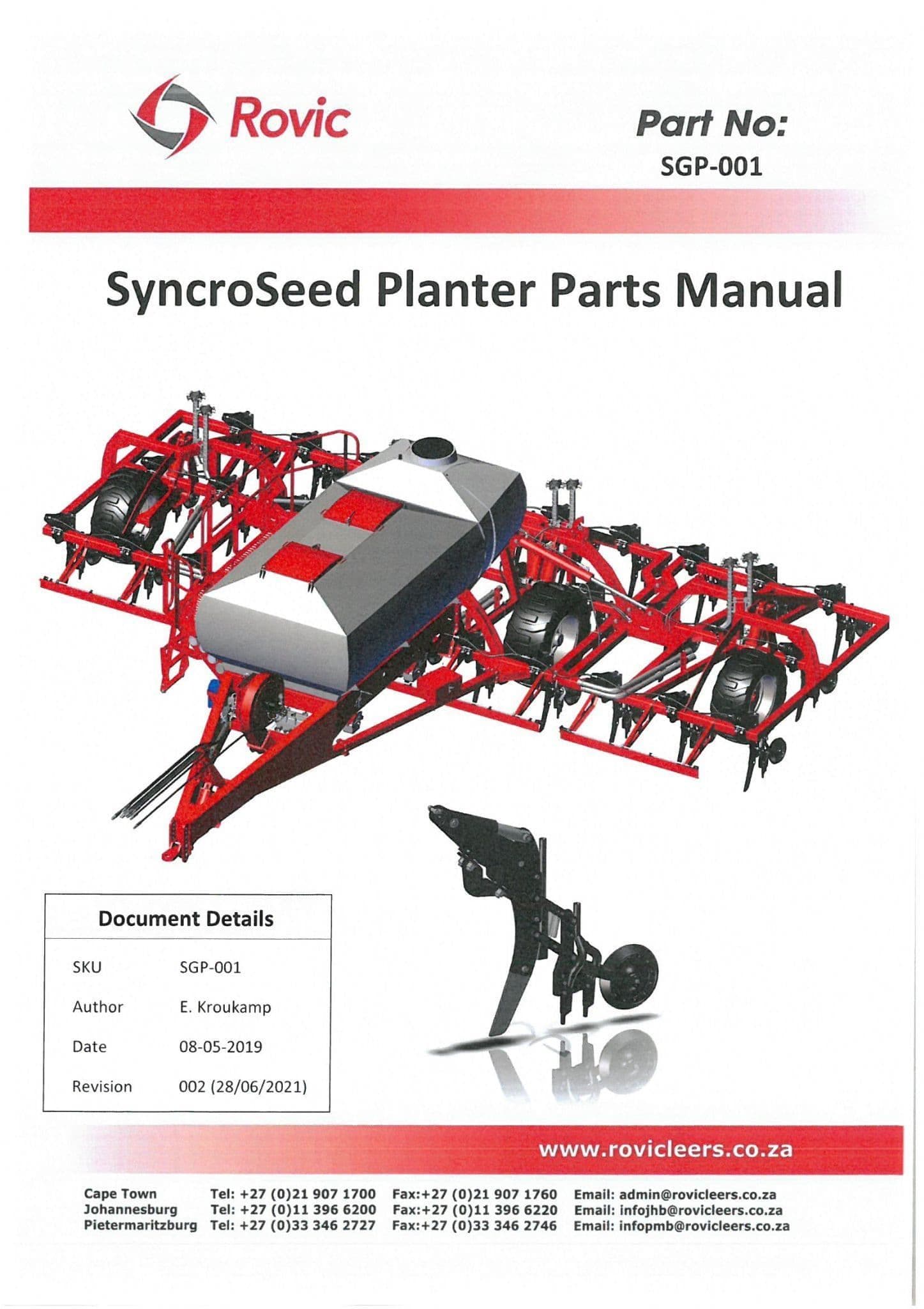 Rovic Rovic Leers Seed Drill SyncroSeed Planter Parts Manual