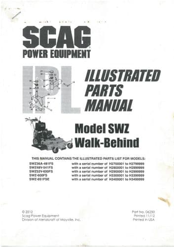 Scag Walk Behind Mower SWZ36A481FS SWZ48V-541FS SWZ52V-600FS SWZ-600FS SWZ-651FSE Parts Manual