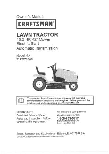 Sears Craftsman Lawn Tractor Mower 18.5 HP 42 Inch Operators Manual