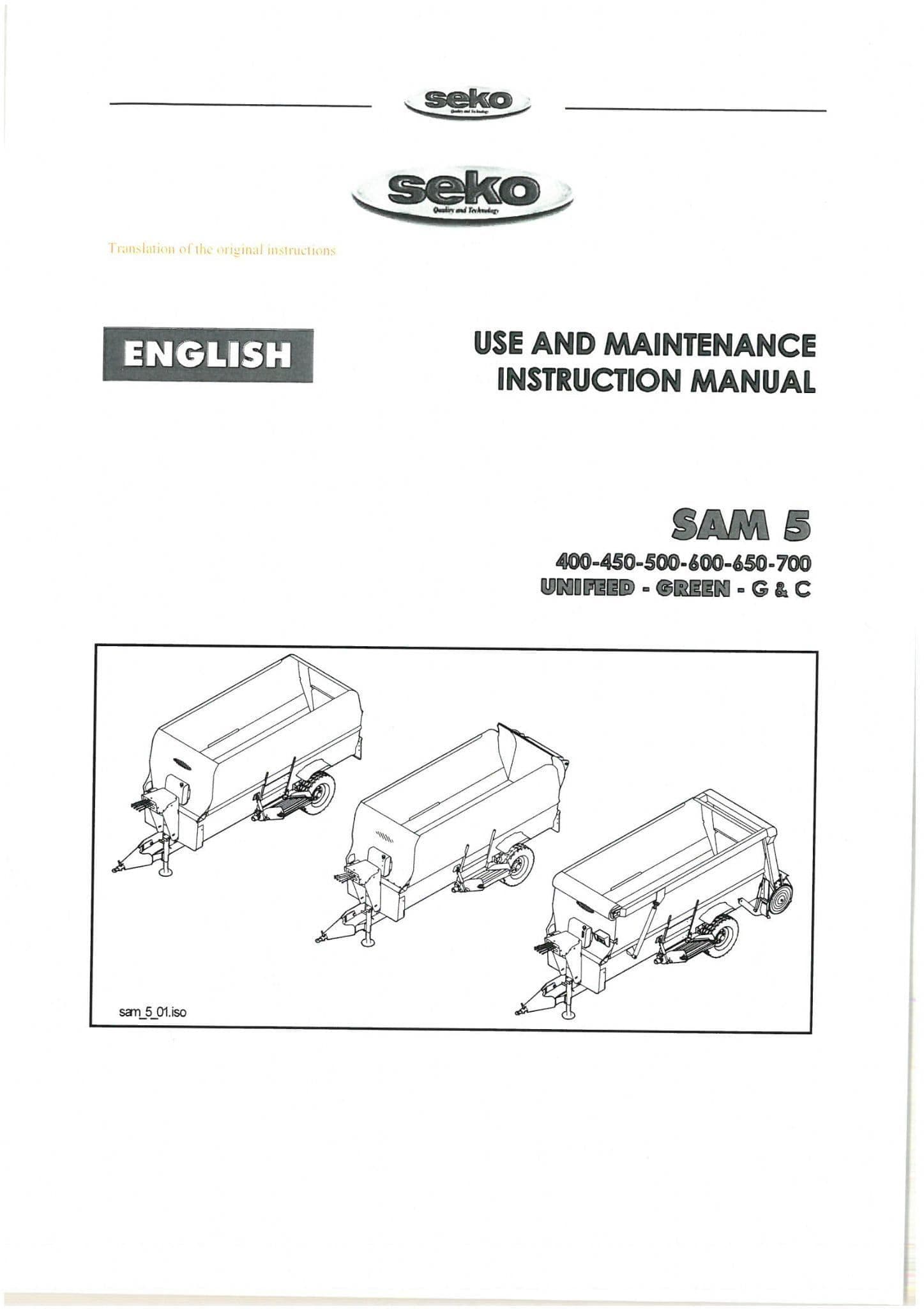 Seko UniFeed Trailed mixing Wagon SAM 5 400 450 500 600 650 700 Operators Manual
