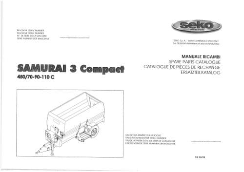 Seko UniFeed Trailed mixing Wagon Samurai 3 Compact  450 70 90 110C Parts Manual