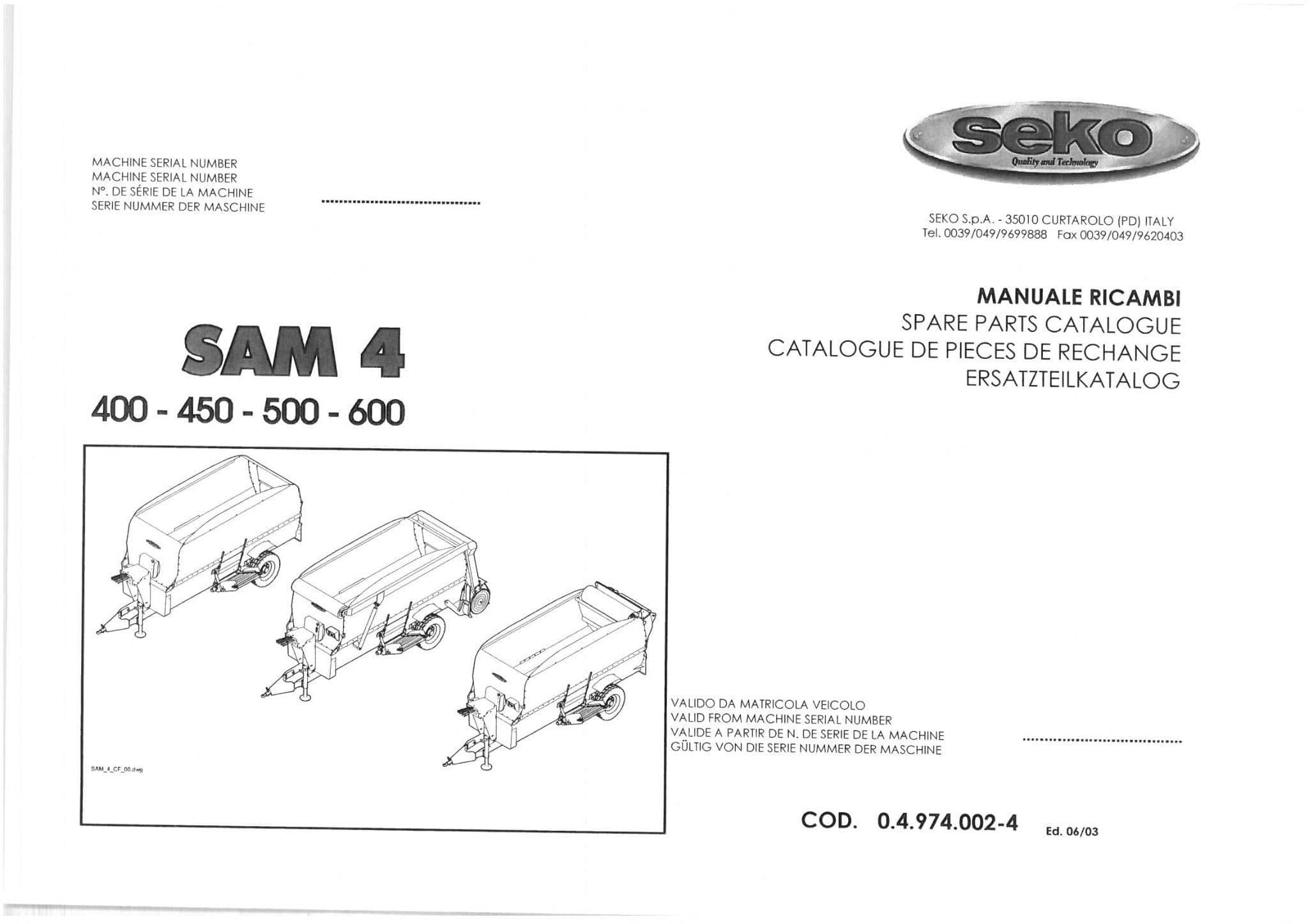 Seko UniFeed Trailed Mixing Wagon Samurai 4  - 400 450 500 600 Parts Manual