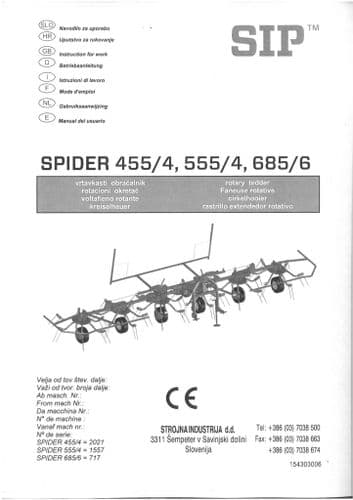 SIP Spider Rotary Tedder 455/4, 555/4, 685/6 Operators Manual