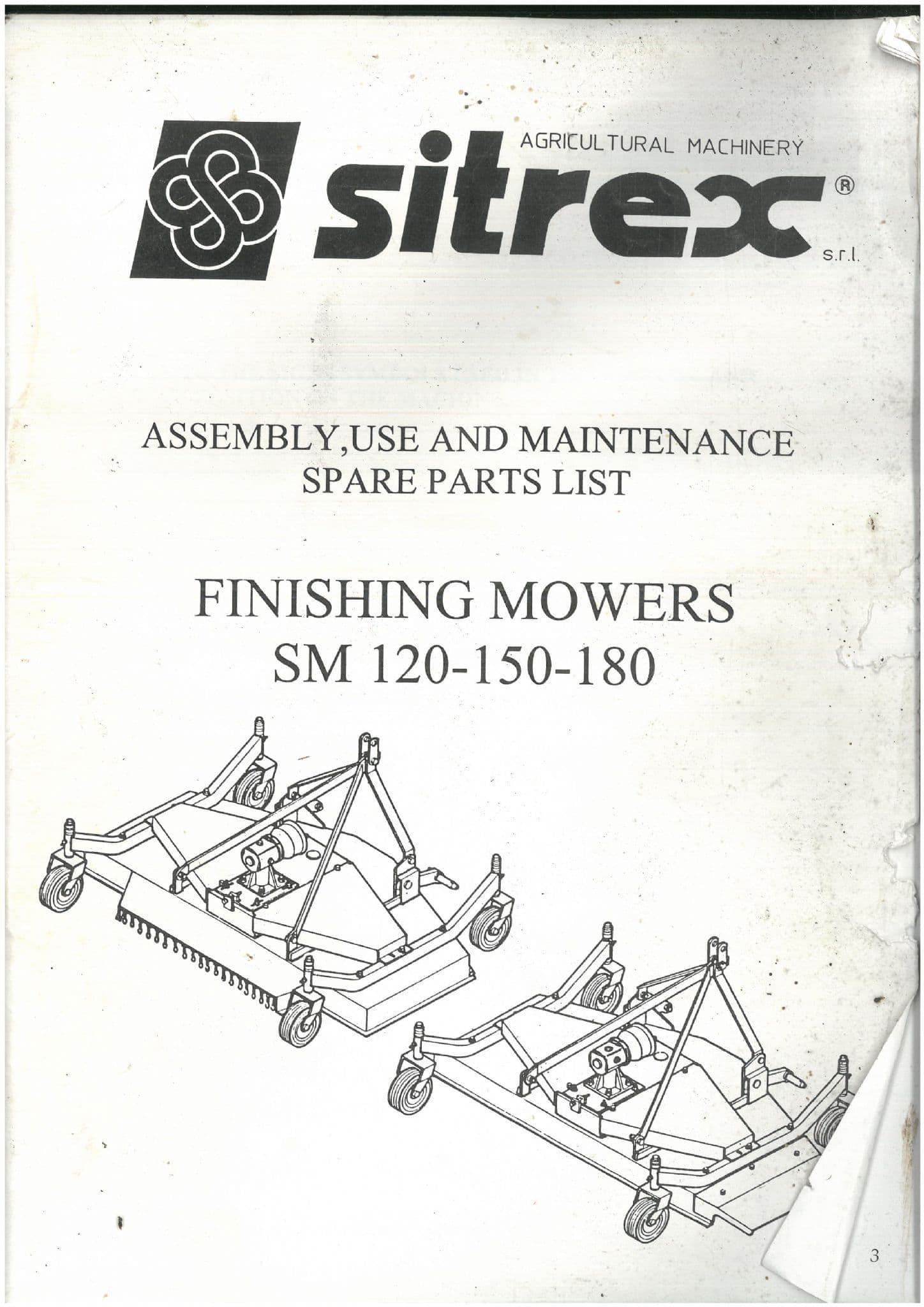 Sitrex  Finishing Mower SM120 SM150 SM180 Operators Manual and Spare Parts List