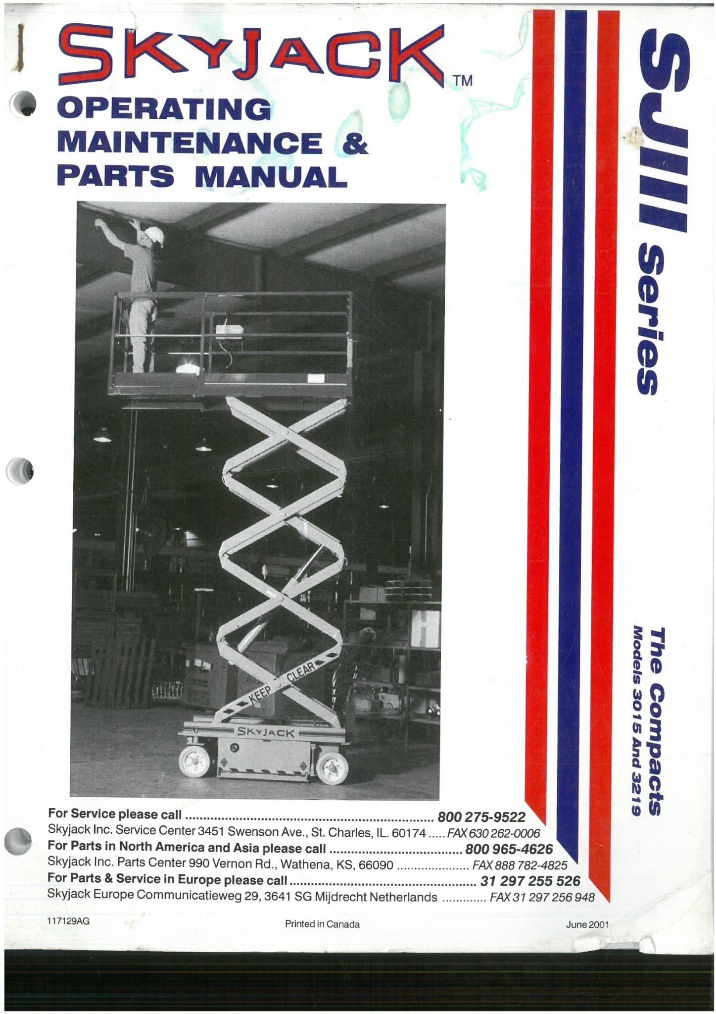 Skyjack High Platform SJ III Compact Model 3015 & 3219 Operators Manual with Parts List