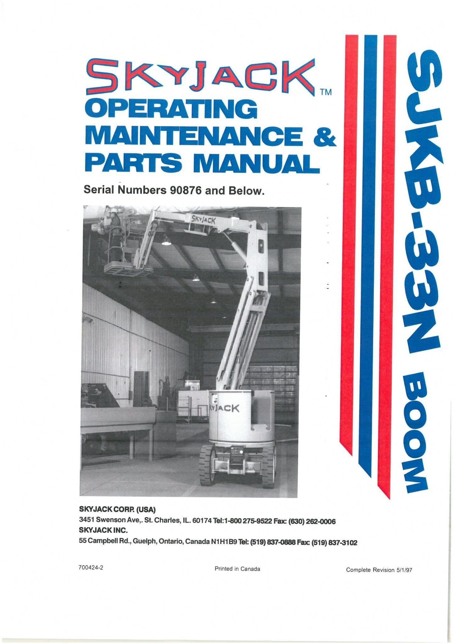 Skyjack High Platform SJKB-33N Boom Operators Manual with Parts List