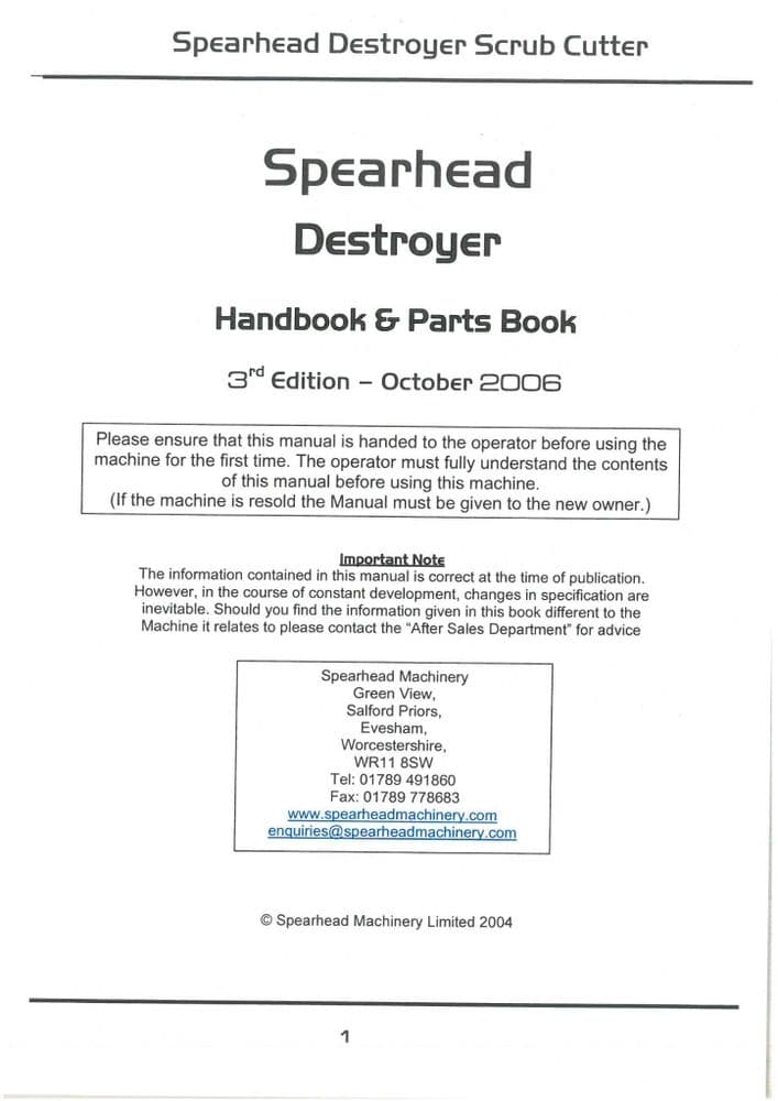 Spearhead Scrub Cutter Destroyer Operators Manual and Spare Parts List