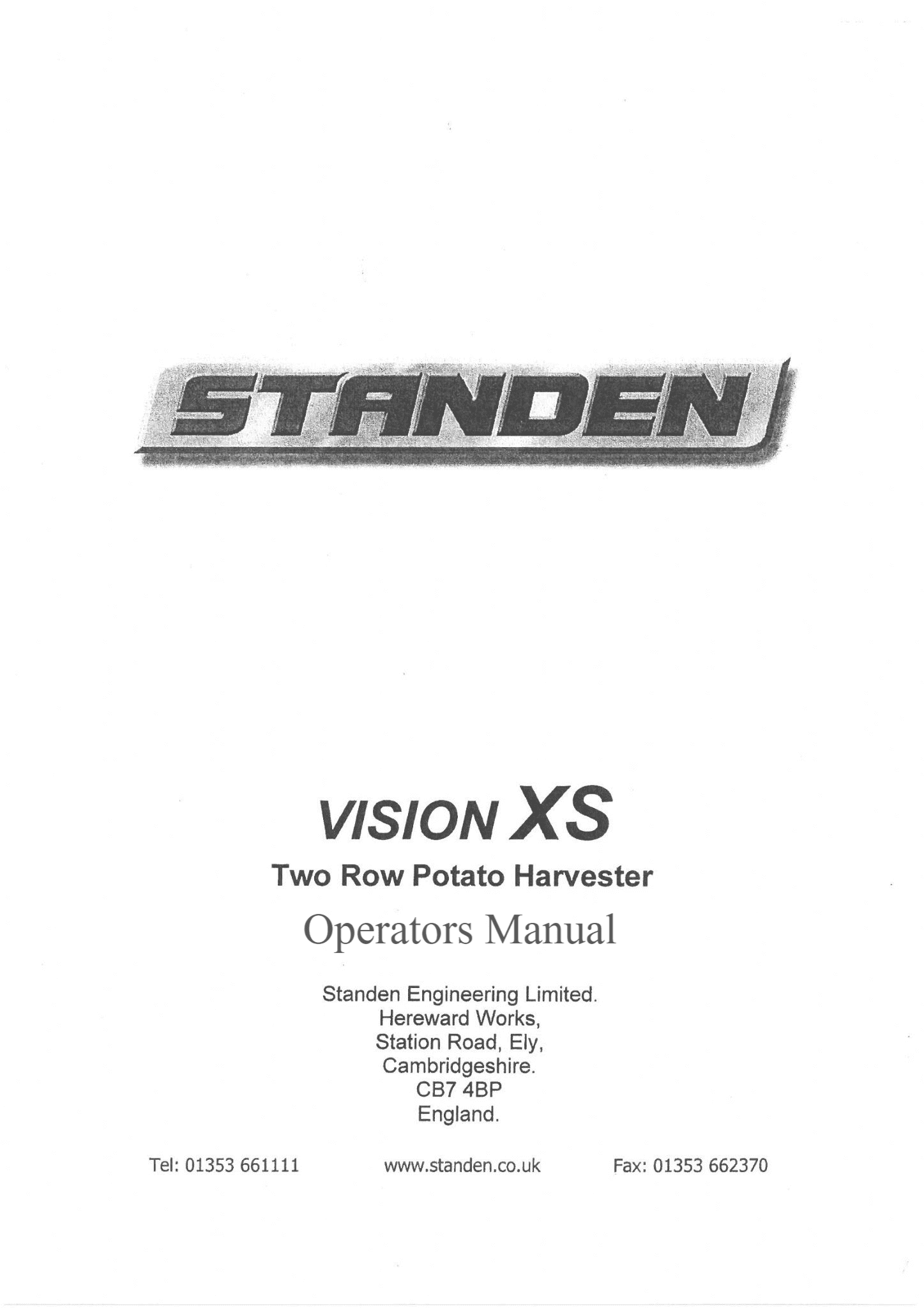 Standen 2 Row Potato Harvester Vision XS Operators Manual