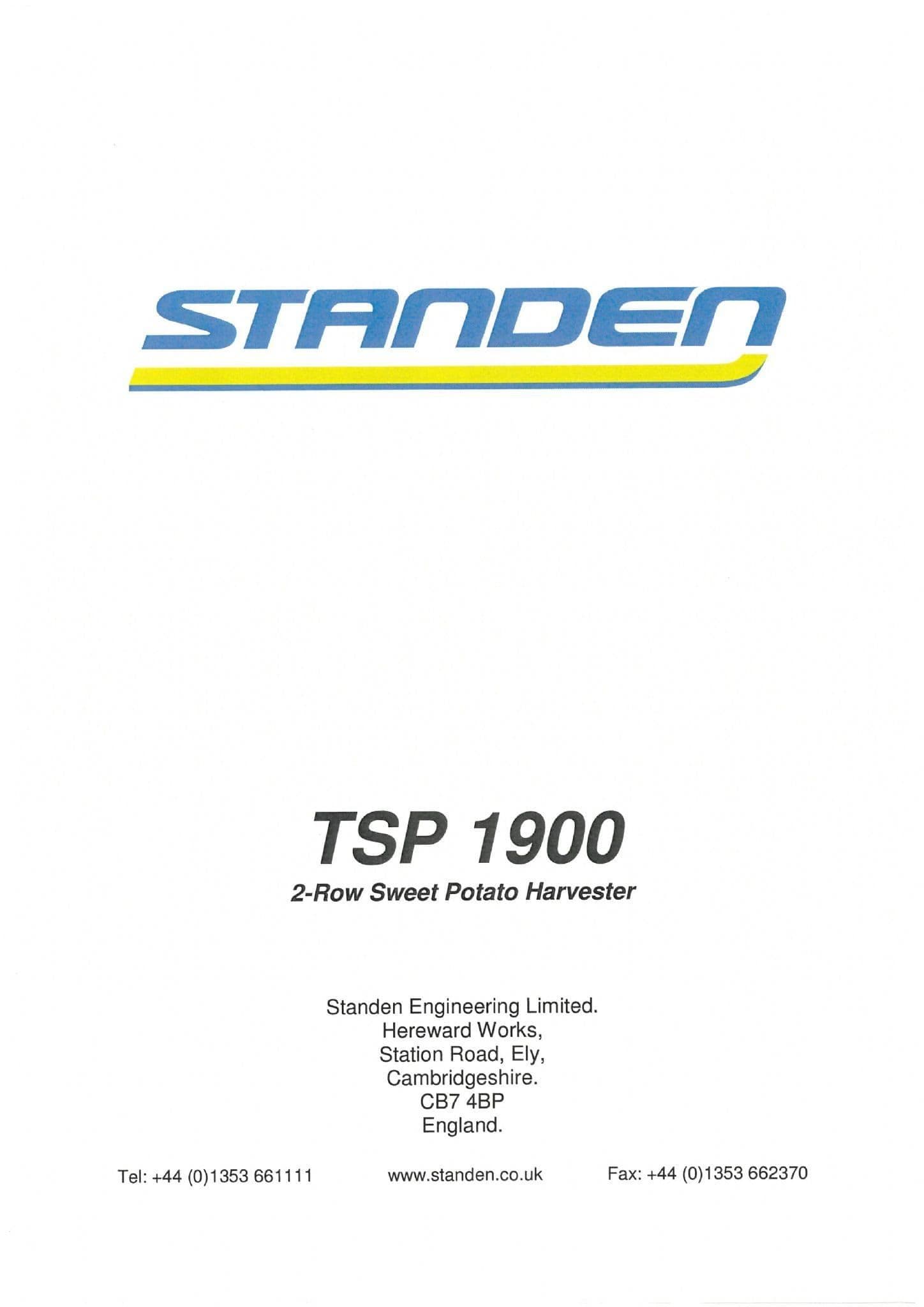 Standen 2 Row Sweet Potato Harvester TSP 1900 Operators Manual