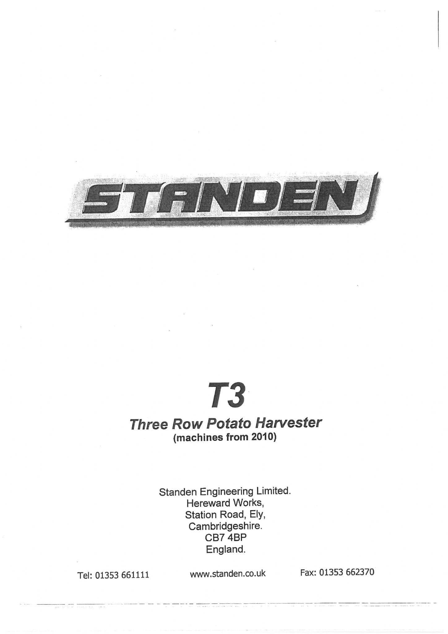 Standen 3 Row Potato Harvester T3 Operators Manual