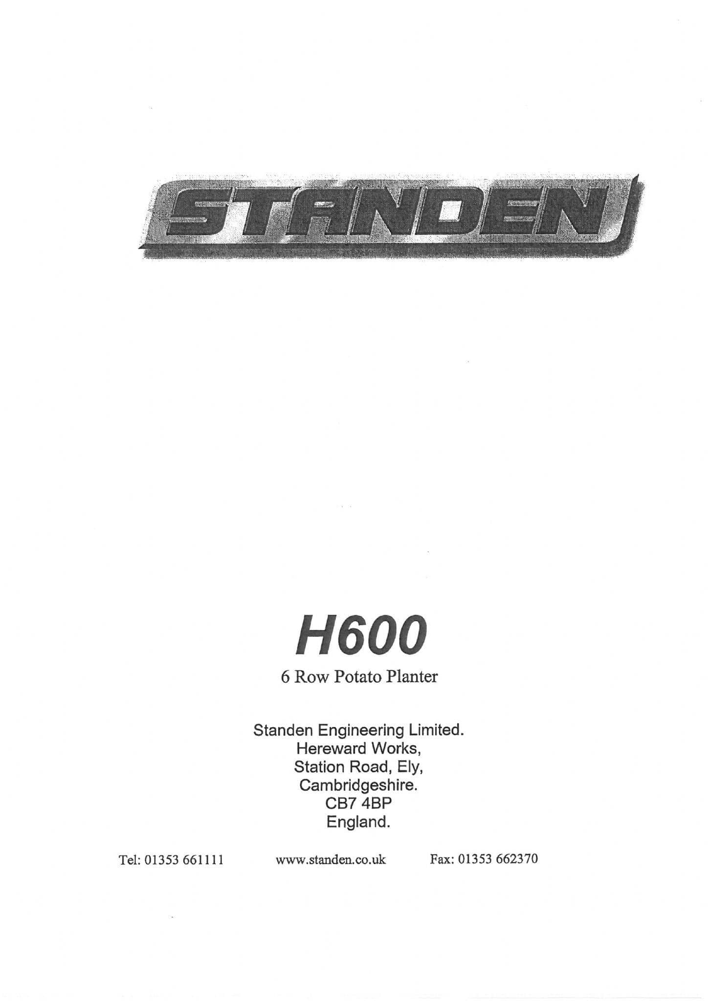 Standen 6 Row Inline Potato Planter H600 Operators Manual