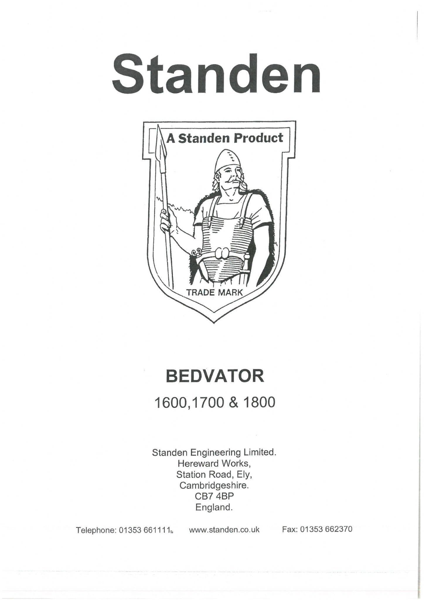 Standen Bedvator 1600 1700 1800 Operators Manual