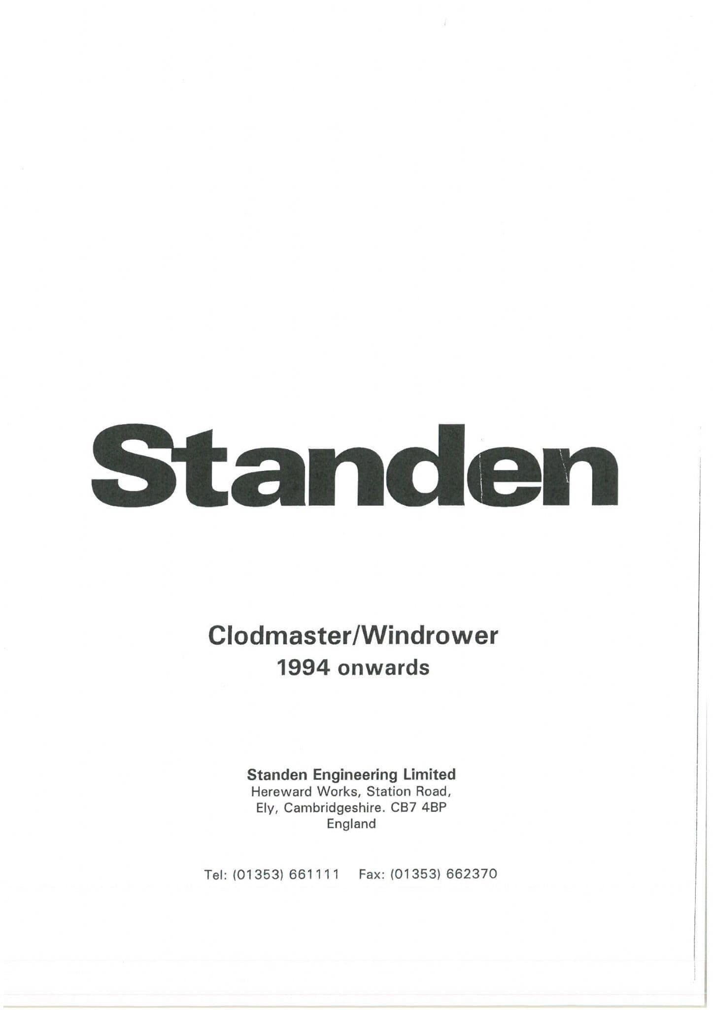 Standen Clodmaster Windrower 1994 Operators Manual