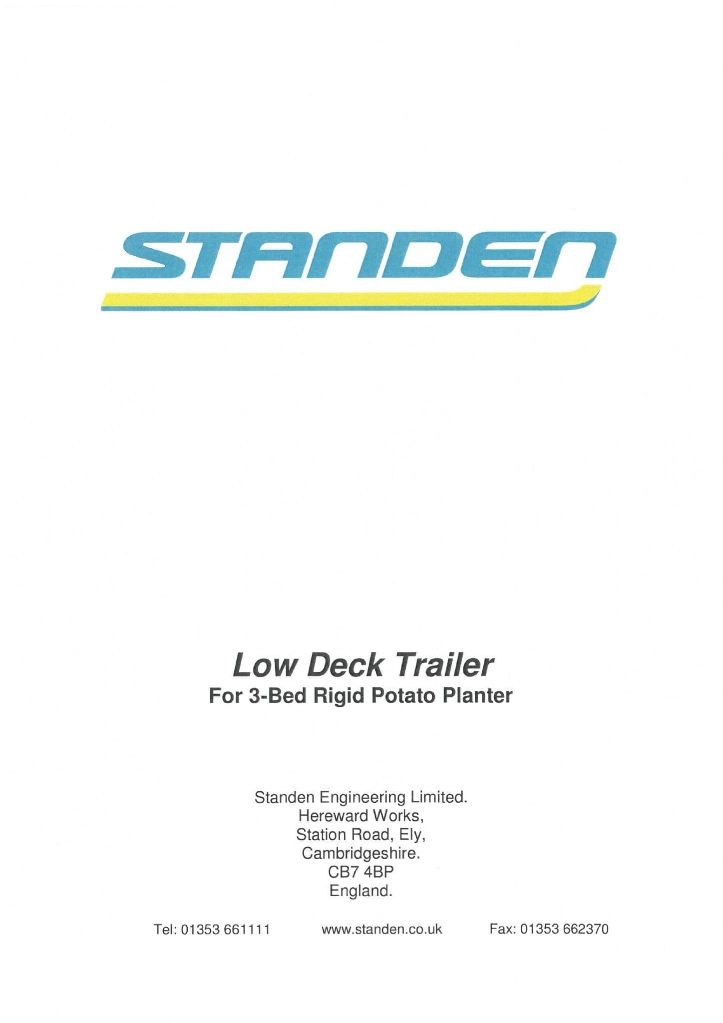 Standen Low Deck Trailer for 3 Bed Rigid Potato Planter Operators Manual