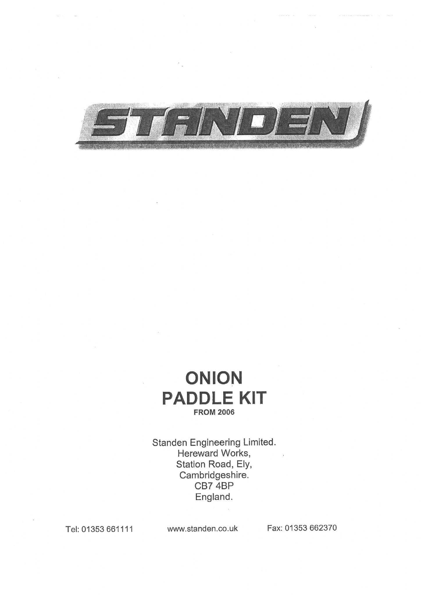 Standen Onion Paddle Kit  2006 Operators Manual