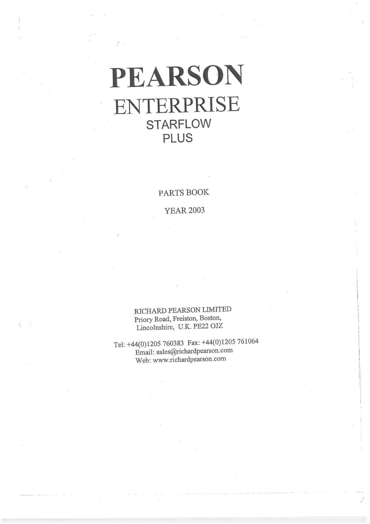 Standen Pearson Enterprise Potato Harvester Starflow Plus 2003 Parts Manual