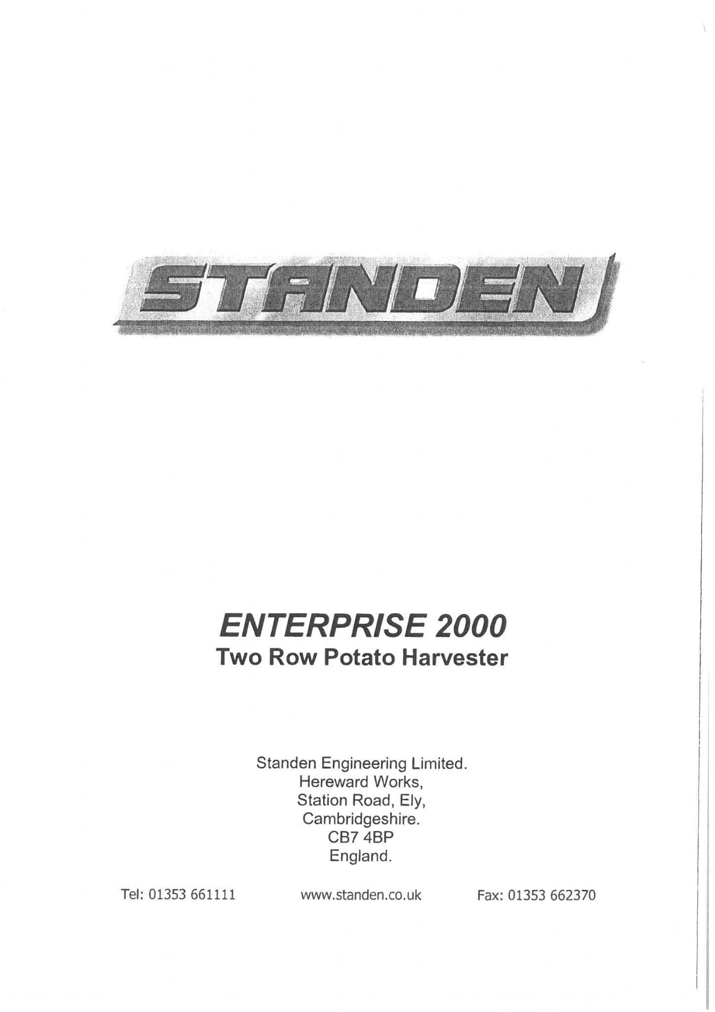 Standen Pearson Two Row Potato Harvester Enterprise 1999 Operators Manual