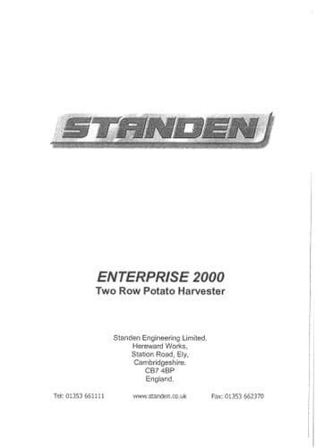 Standen Pearson Two Row Potato Harvester Enterprise 1999 Operators Manual
