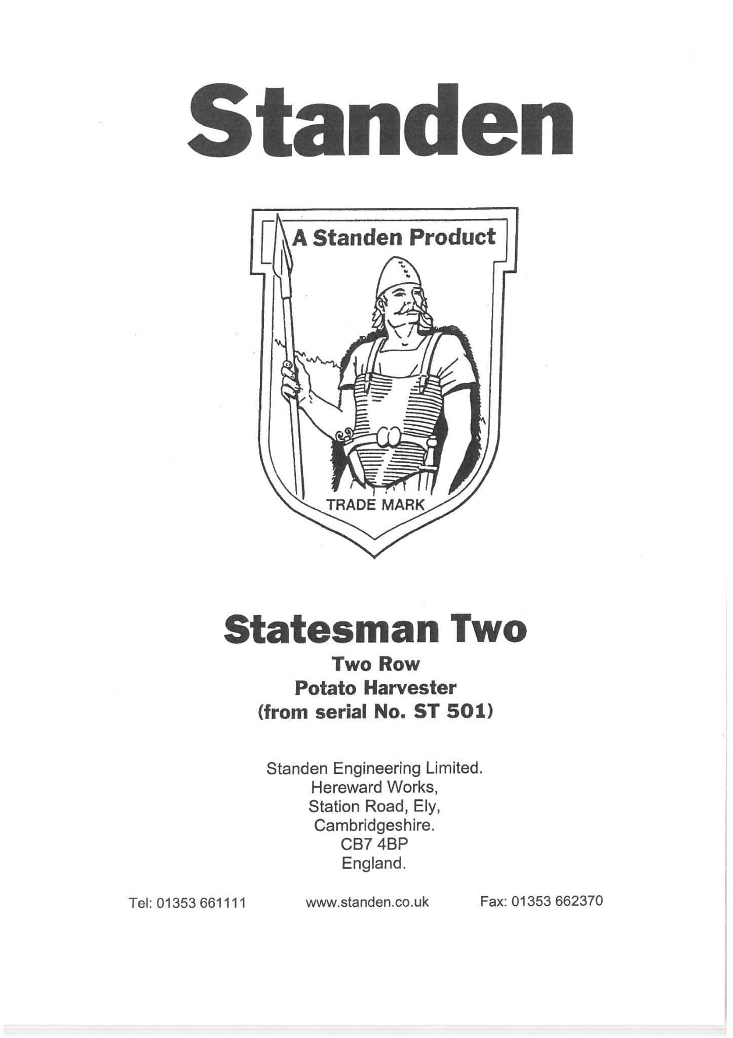 Standen Potato Harvester Statesman Two Operators Manual