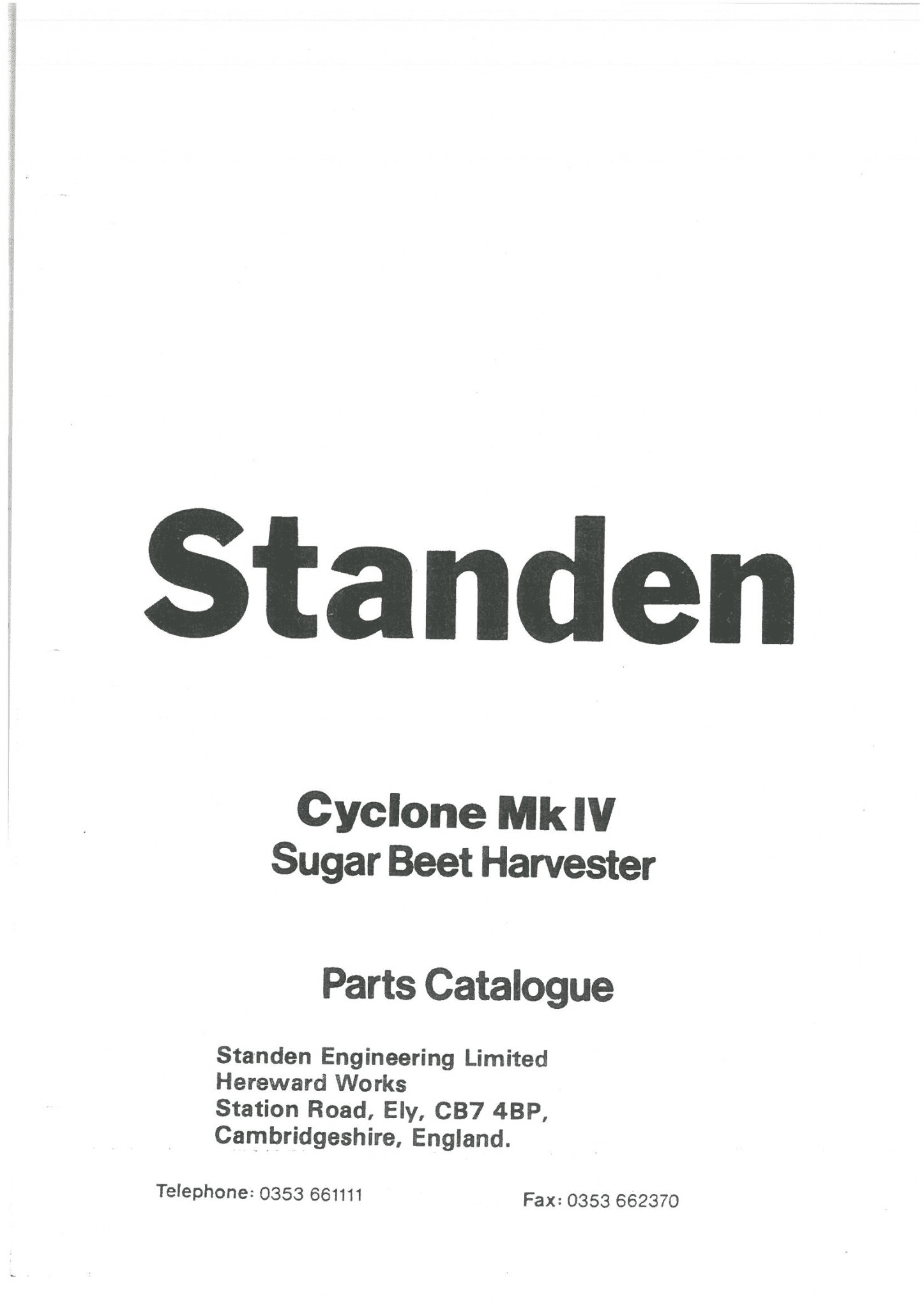 Standen Sugar Beet Harvester Cyclone MkIV Parts Manual