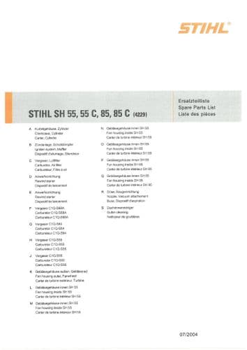 Sthil Backpack Leaf Blower SH55 SH55C SH85 SH85C Parts Manual