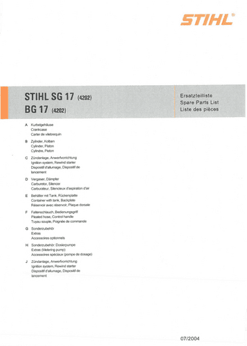 Sthil Mist Blower SG17 BG17 Parts Manual