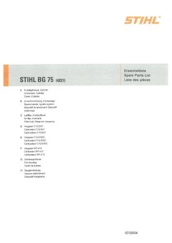 Stihl Backpack Leaf Blower BG75 Parts Manual