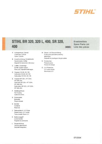 Stihl Backpack Leaf Blower BR340 BR320L BR400 SR320 SR400 Parts Manual
