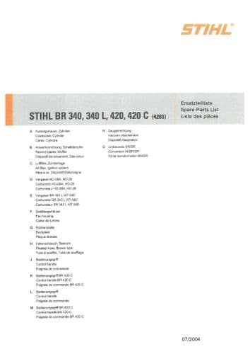 Stihl Backpack Leaf Blower BR340 BR340L BR420 BR420C Parts Manual