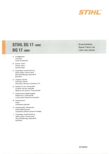 Stihl Backpack Leaf Blower SG17 BG17 Parts Manual
