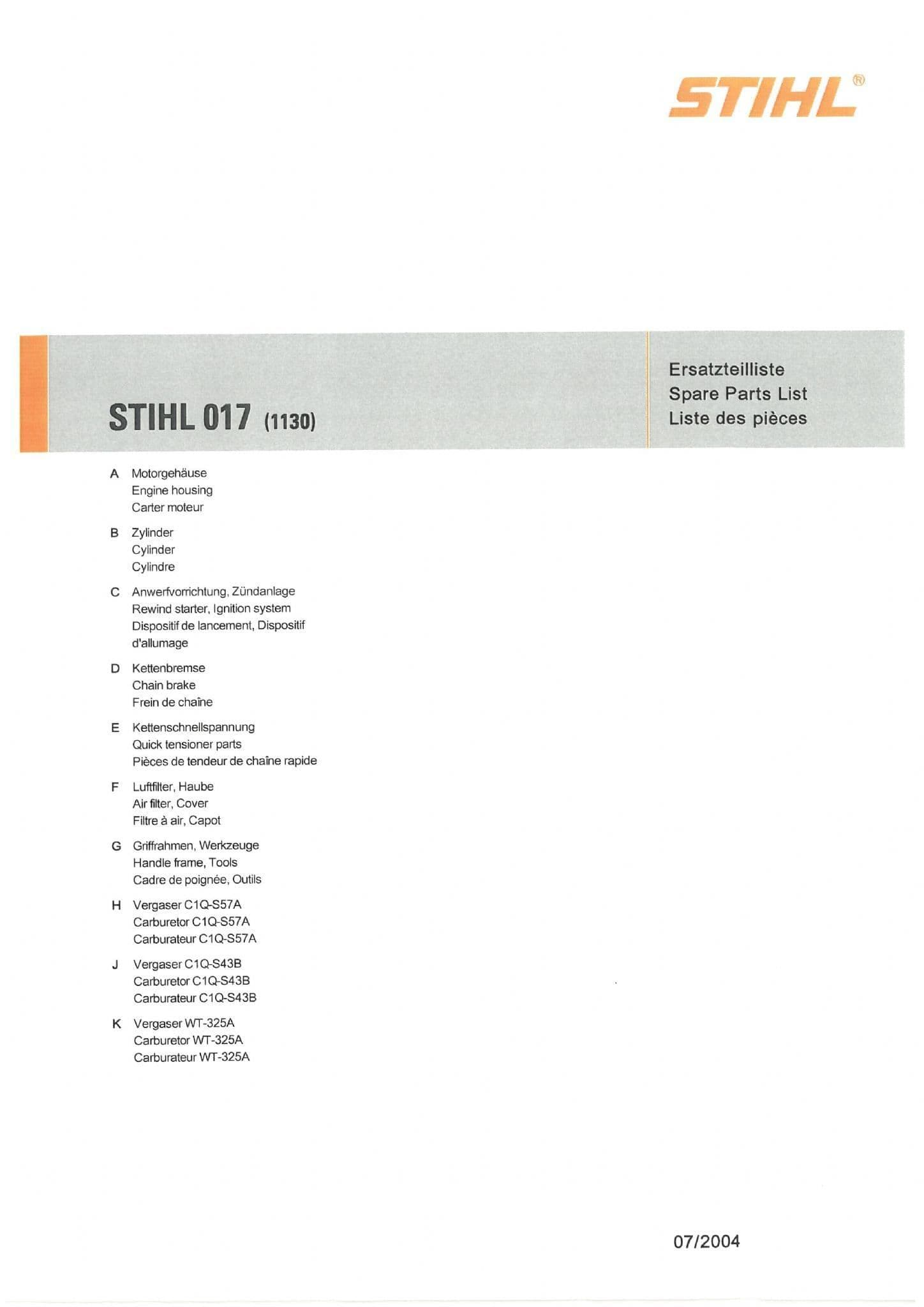 Stihl Chainsaw 017 Parts Manual