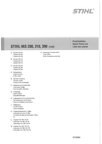 Stihl Chainsaw MS290 MS310 MS390 - 1127 Parts Manual