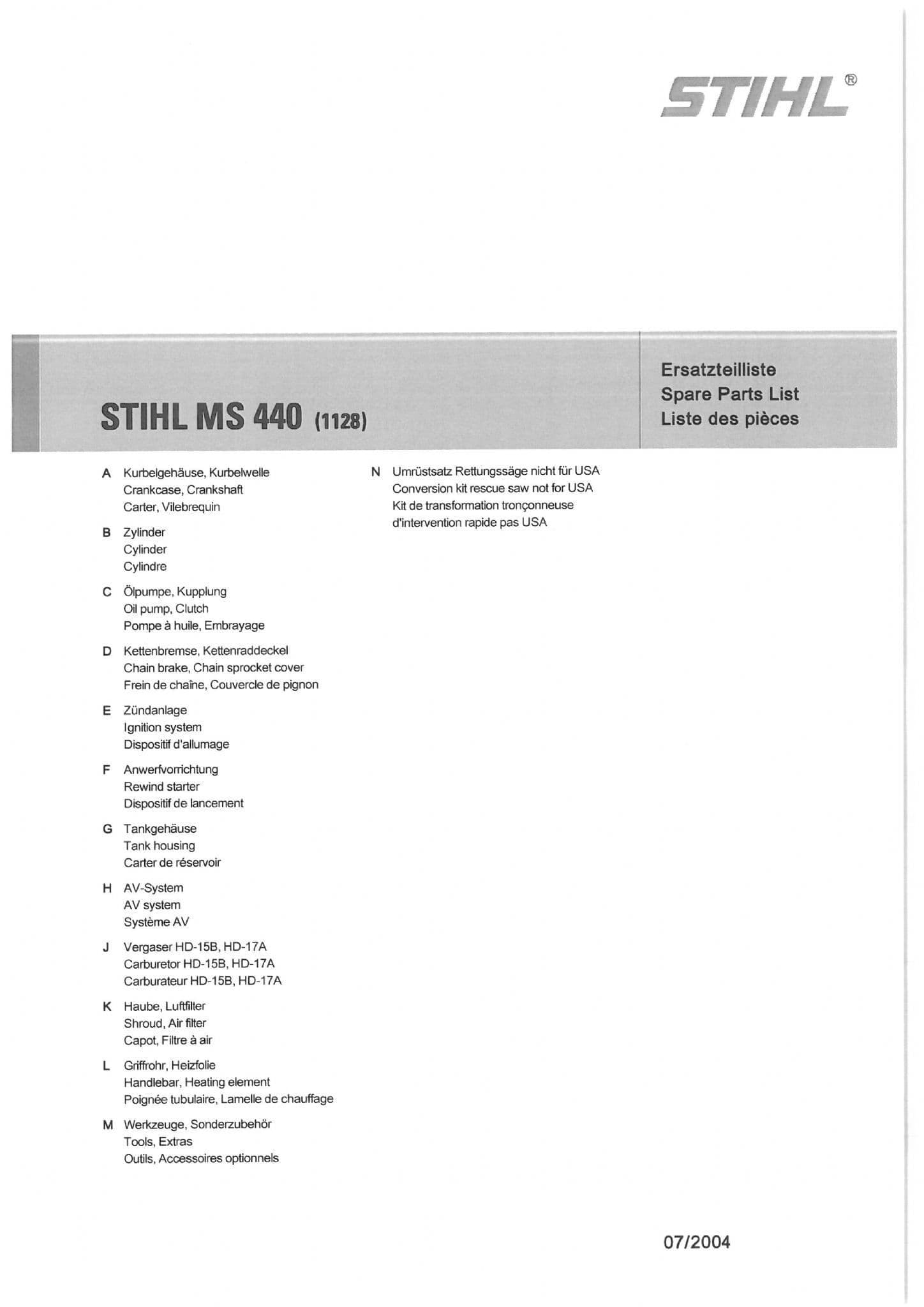 Stihl Chainsaw MS440 - 1128 Parts Manual