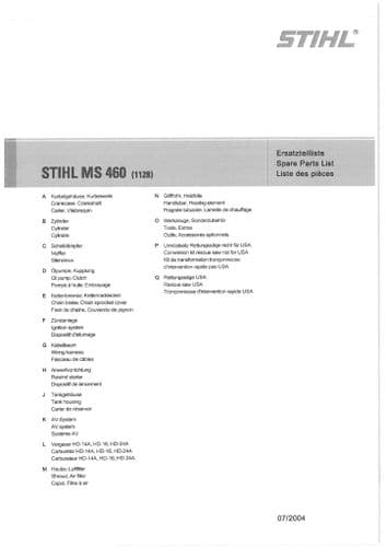 Stihl Chainsaw MS460 - 1128 Parts Manual