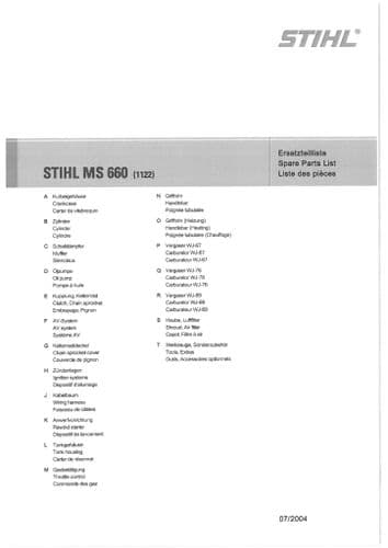 Stihl Chainsaw MS660 - 1122 Parts Manual