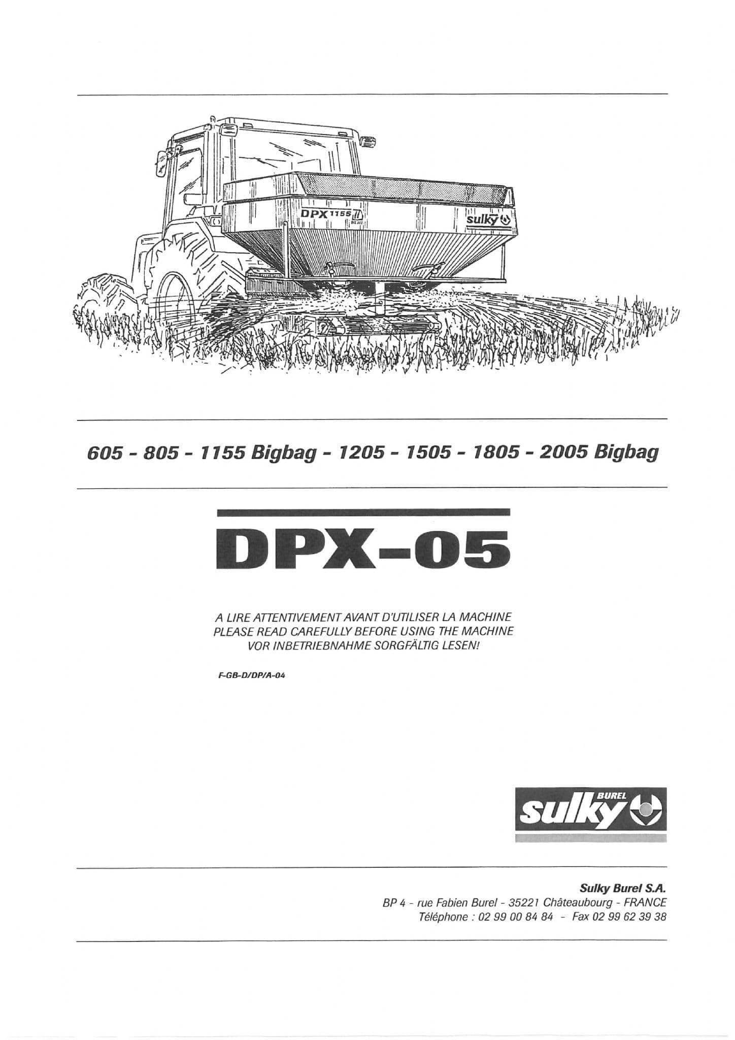 Sulky Fertiliser Bigbag DPX-05 - 605 805 1155 1205 1505 1805 2005 Operators Manual