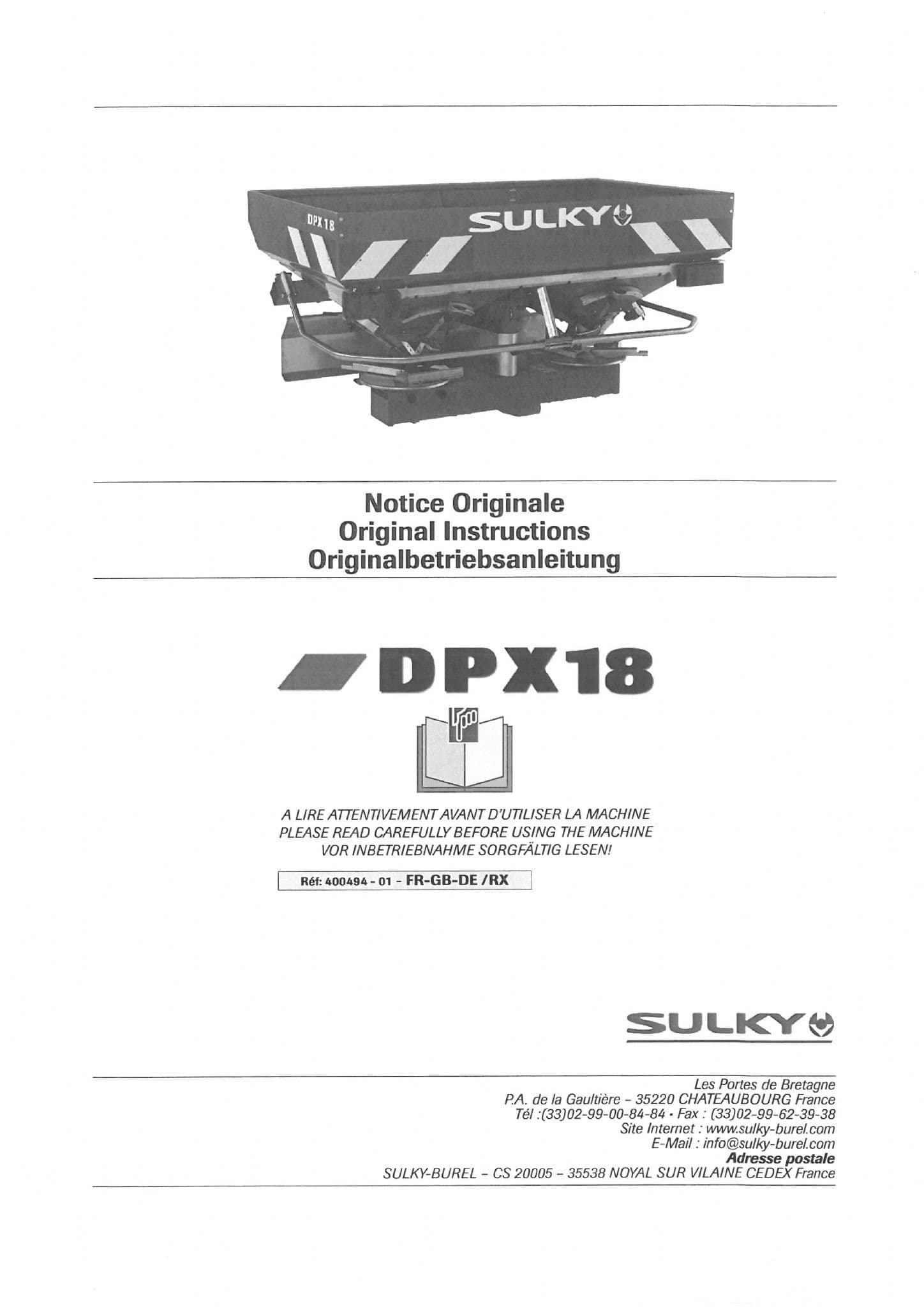 Sulky Fertiliser Spreader DPX18 Operators Manual