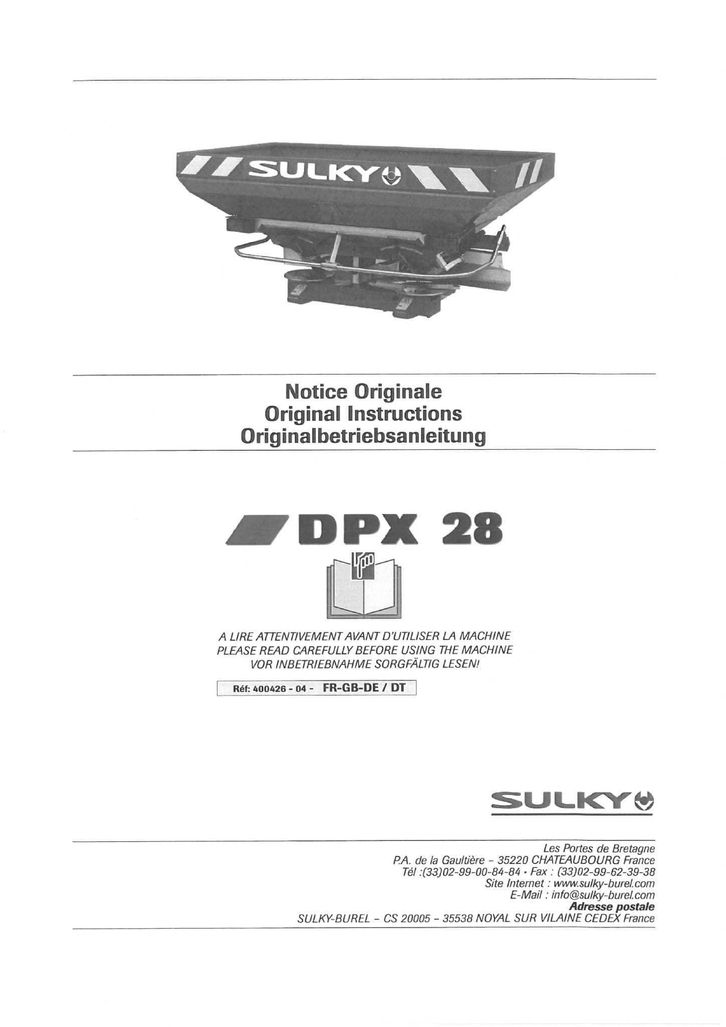 Sulky Fertiliser Spreader DPX28 Operators Manual