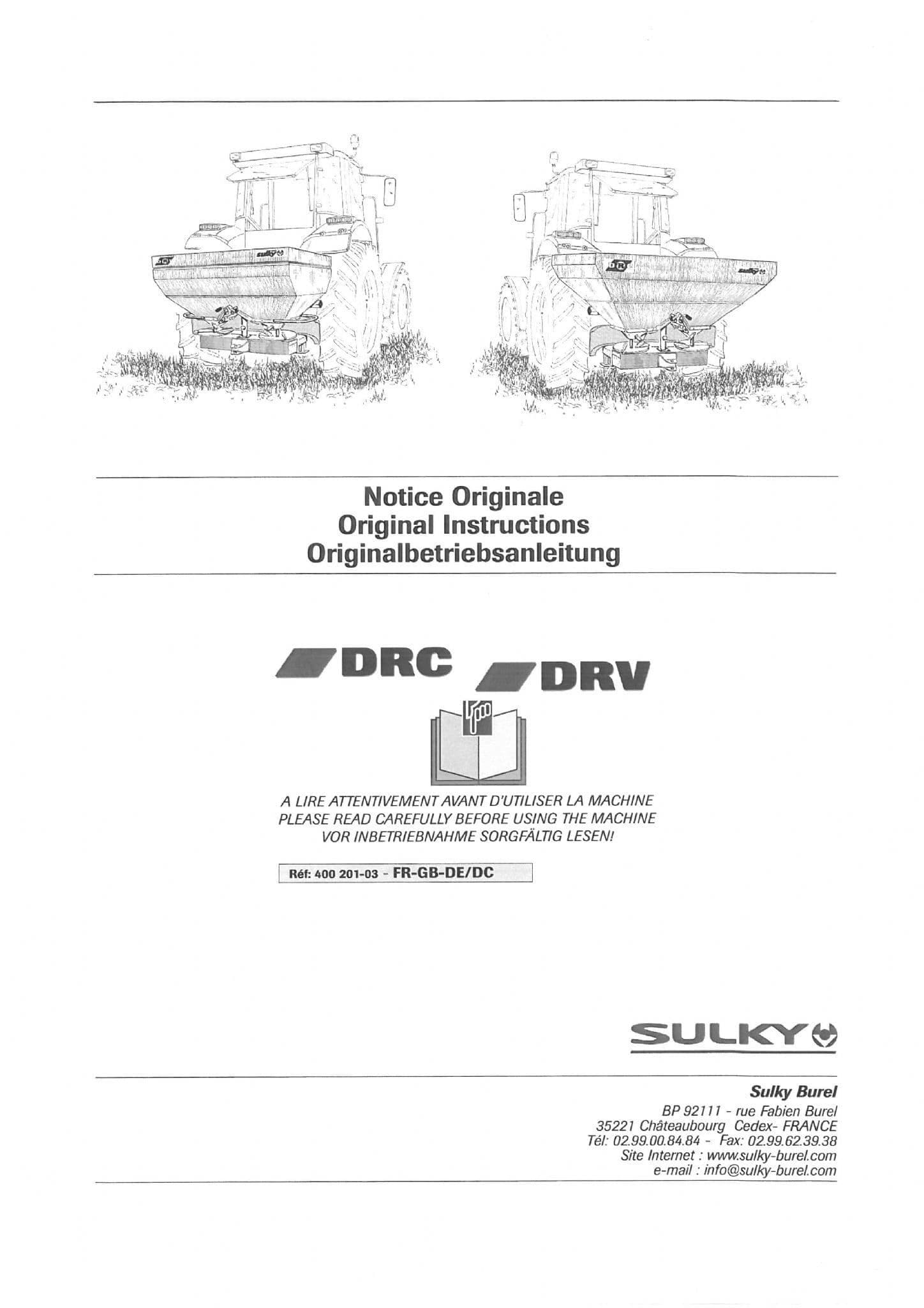 Sulky Fertiliser Spreader DRC850 DRC1050 DRC1250 DRC1450 DRV850 DRV1150 Operators Manual