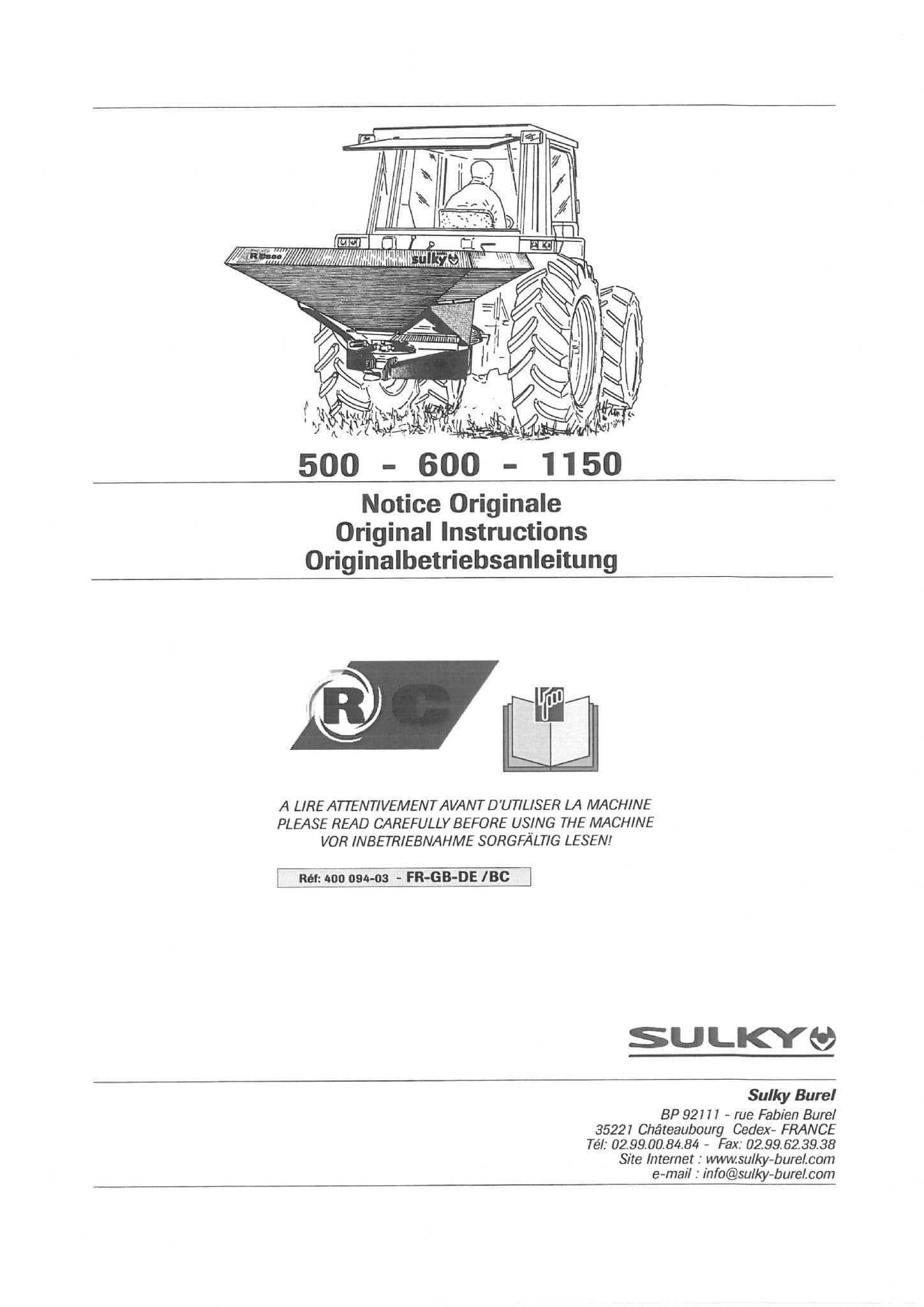 Sulky Fertiliser Spreader RC500 RC600 RC1150 Operators Manual