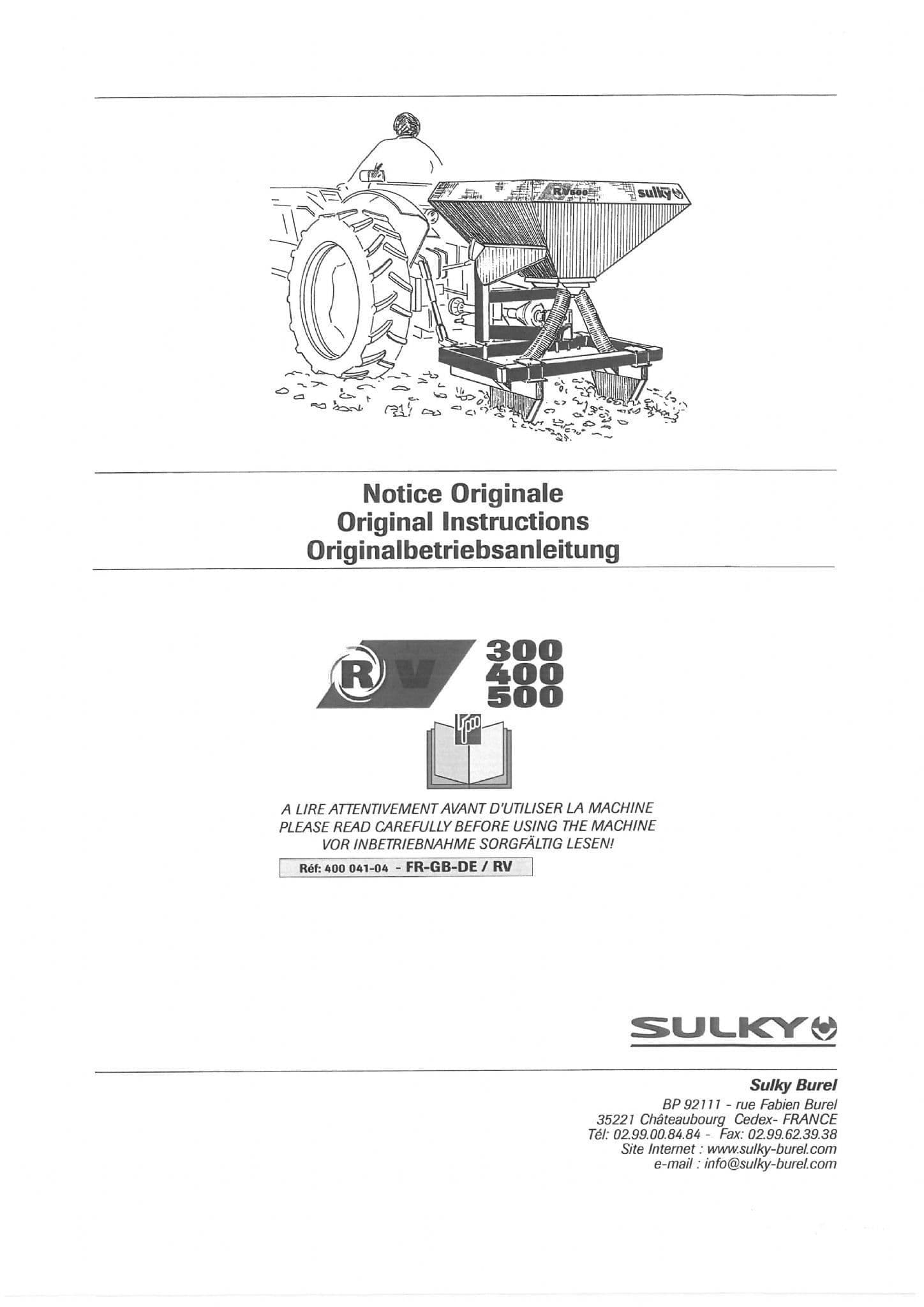 Sulky Fertiliser Spreader RV300 RV400 RV500 Operators Manual